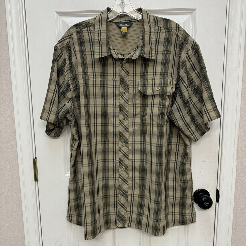Eddie Bauer Men Button Up Shirt Green Plaid Travex Hiking Travel Collar XL